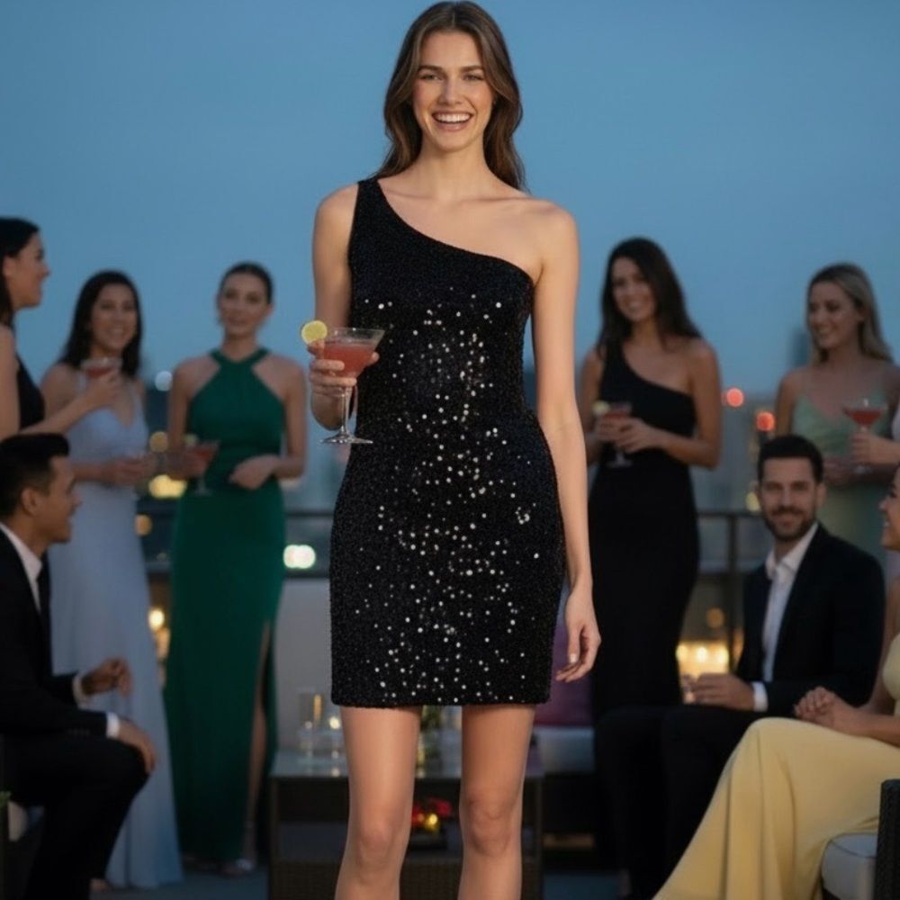 GB Social Black One Shoulder Glitz Sequin Mini Dress